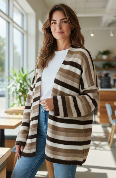 Aurora Striped Knitted Open Cardigan-Brown