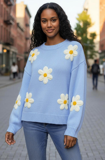 Autumn ‘Daisy’ Embroidered Knit Sweater Jumper-Blue