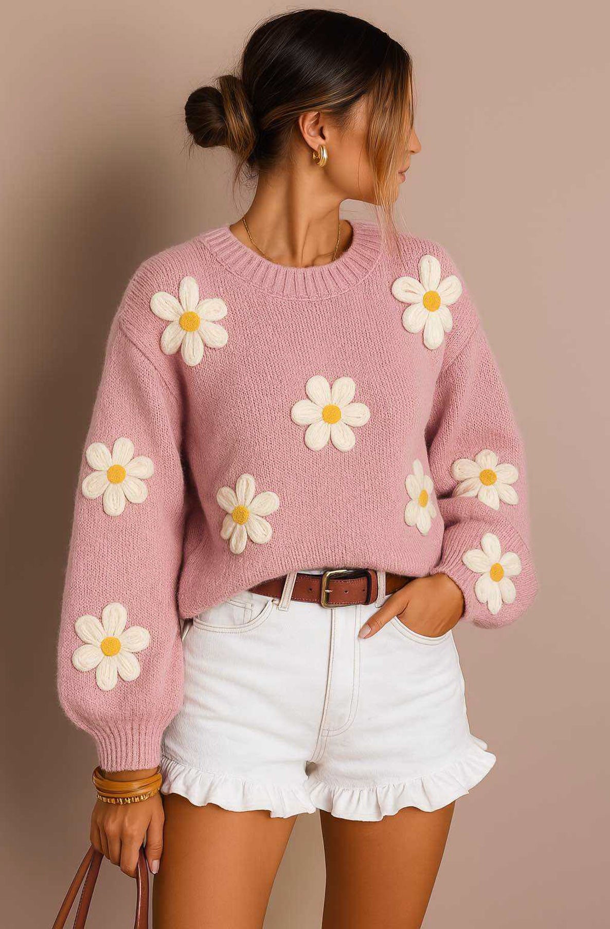 Autumn ‘Daisy’ Embroidered Knit Sweater Jumper-Dusty Pink