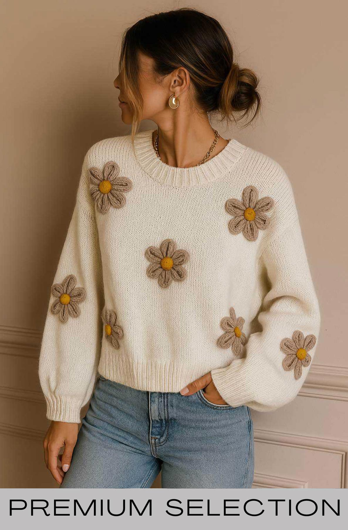 Autumn ‘Daisy’ Embroidered Knit Sweater Jumper-Ivory