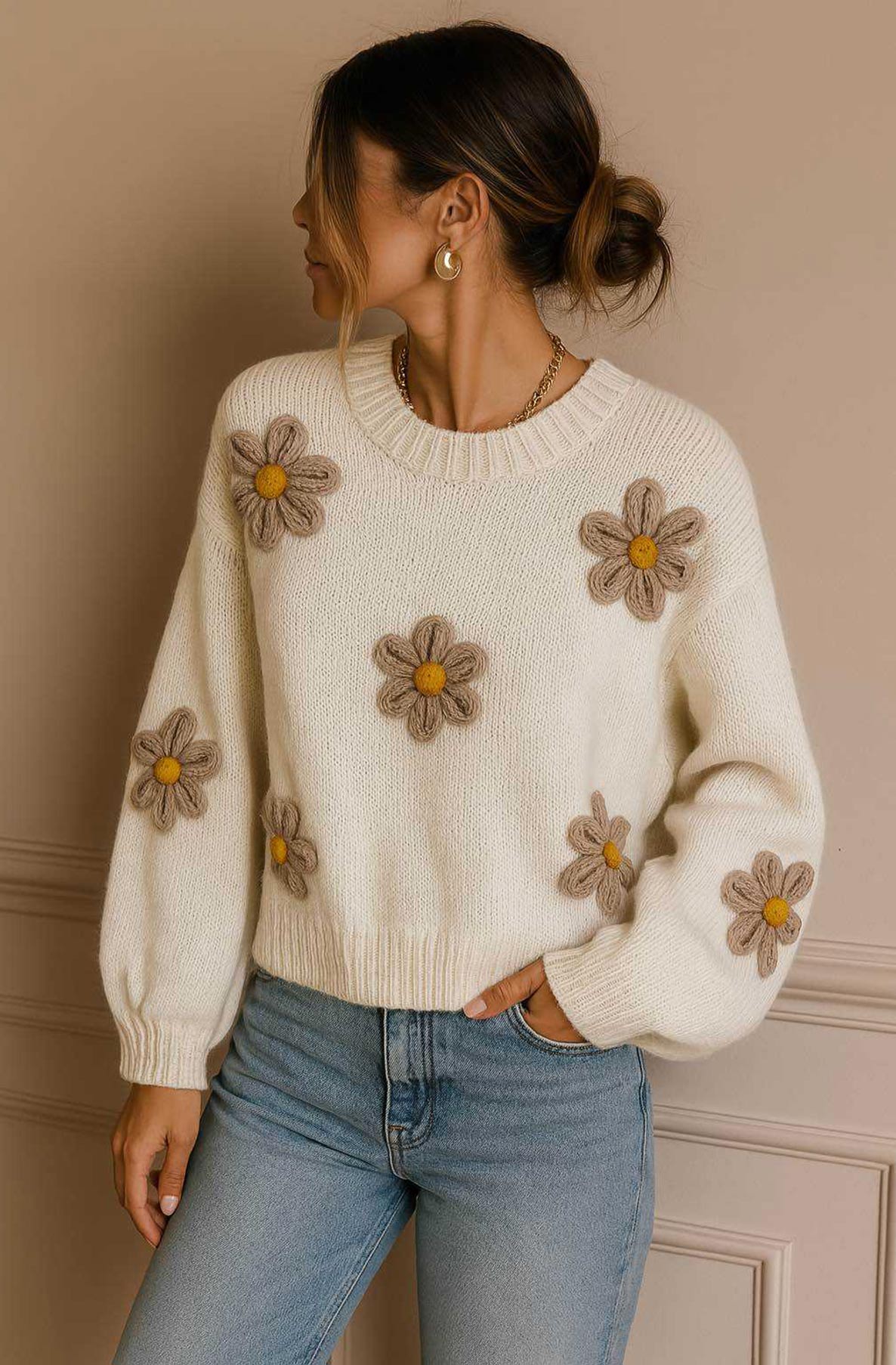 Autumn ‘Daisy’ Embroidered Knit Sweater Jumper-Ivory
