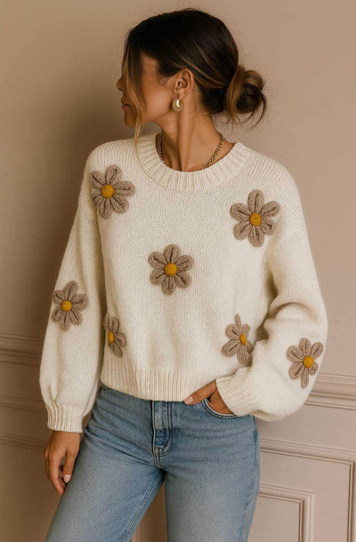 Autumn ‘Daisy’ Embroidered Knit Sweater Jumper-Ivory