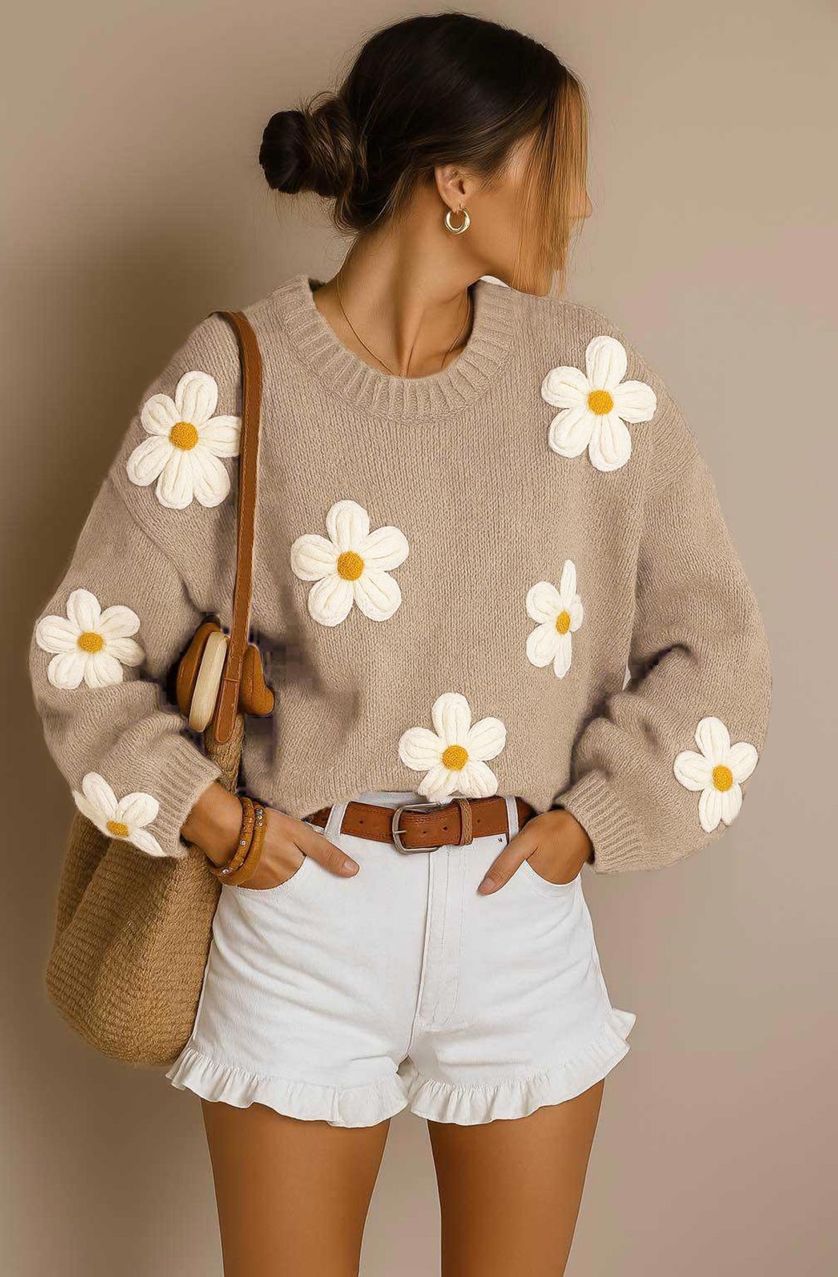 Autumn ‘Daisy’ Embroidered Knit Sweater Jumper-Stone