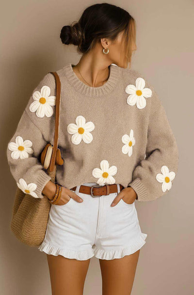 Autumn ‘Daisy’ Embroidered Knit Sweater Jumper-Stone