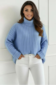 Avela Oversized Ribbed Turtleneck Sweater Jumper-Blue