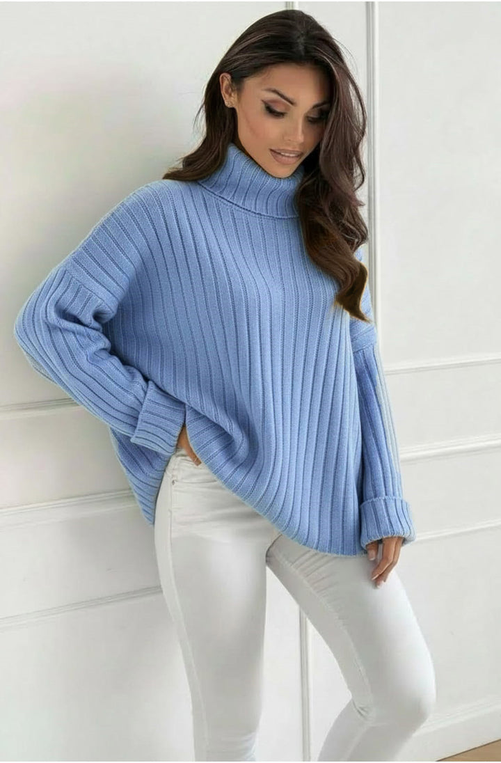 Avela Oversized Ribbed Turtleneck Sweater Jumper - Blue