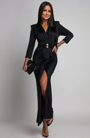 Aveline Front Ruched Jewel Belt Maxi Dress-Black