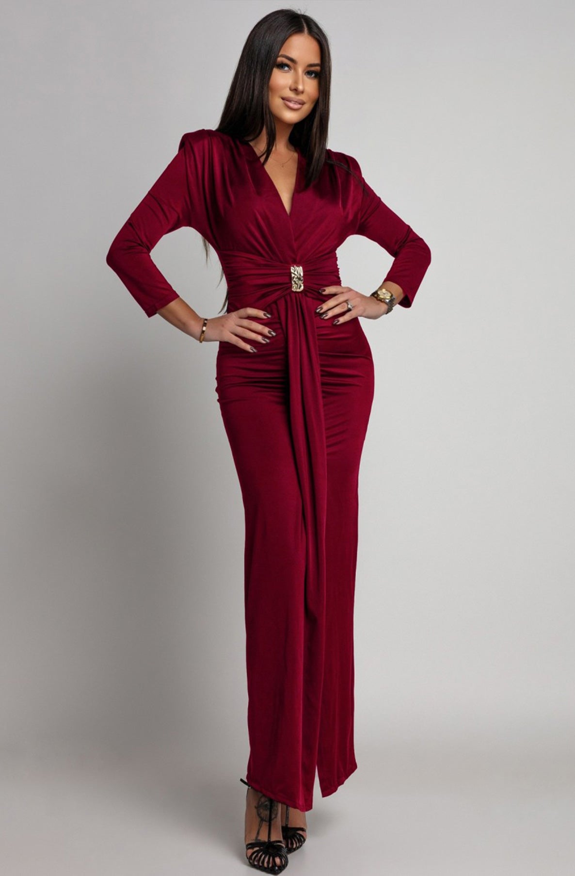 Aveline Front Ruched Jewel Belt Maxi Dress-Wine