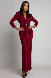 Aveline Front Ruched Jewel Belt Maxi Dress-Wine