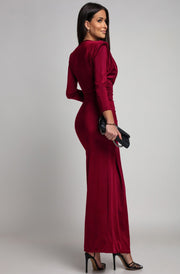 Aveline Front Ruched Jewel Belt Maxi Dress-Wine