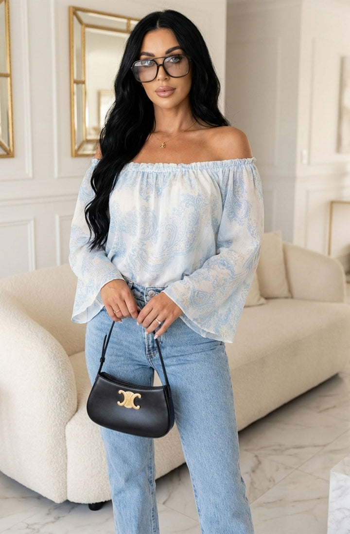 Aylene Paisley Bardot Off-Shoulder Blouse Top - Blue