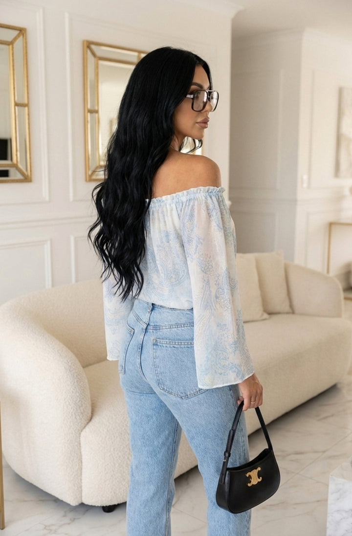 Aylene Paisley Bardot Off-Shoulder Blouse Top - Blue