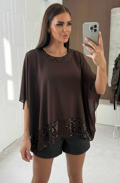 Ayla Sequin Trim Batwing Chiffon Cape Blouse-Brown