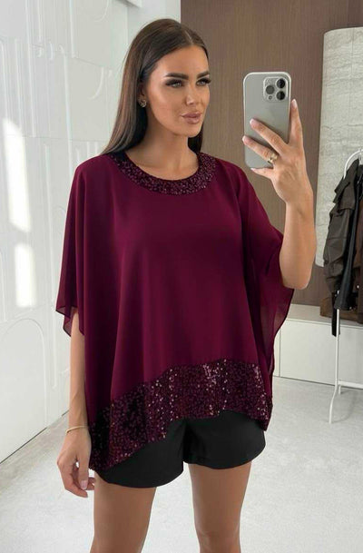 Ayla Sequin Trim Batwing Chiffon Cape Blouse-Wine