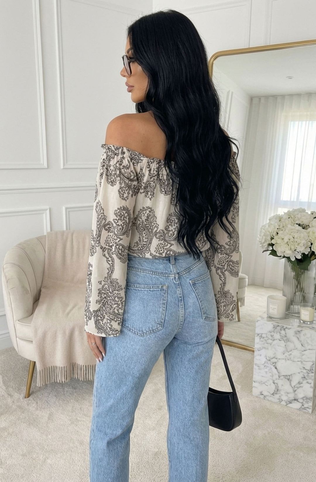 Aylene Paisley Bardot Off-Shoulder Blouse Top - Black