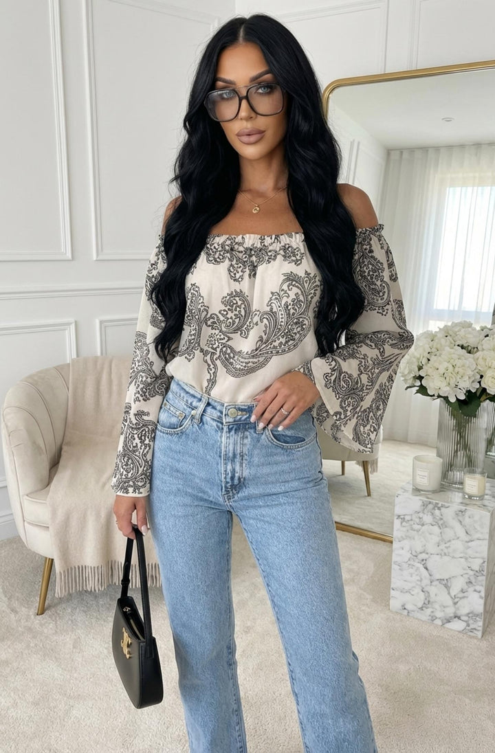 Aylene Paisley Bardot Off-Shoulder Blouse Top - Black