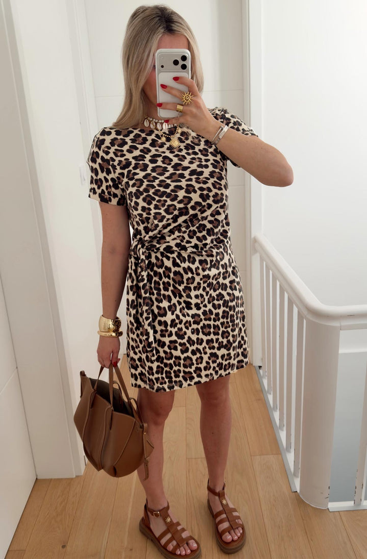 Azaria Leopard Side-Tie Up Short Sleeve Mini Dress