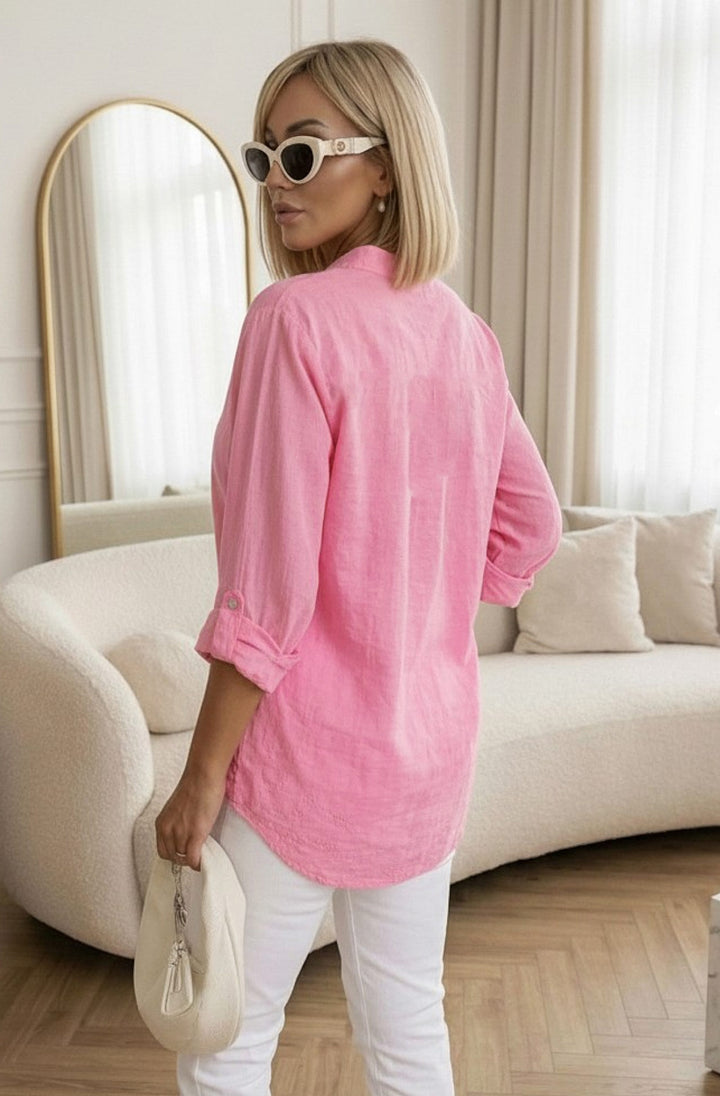 Azis Patchwork Broderie Button Blouse Top - Pink