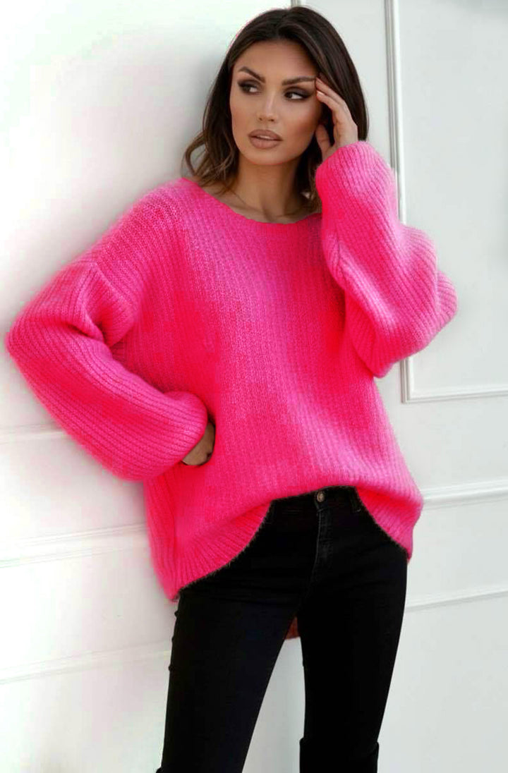 Azura Oversized Alpaca Ribbed Knitted Sweater Jumper - Hot Pink