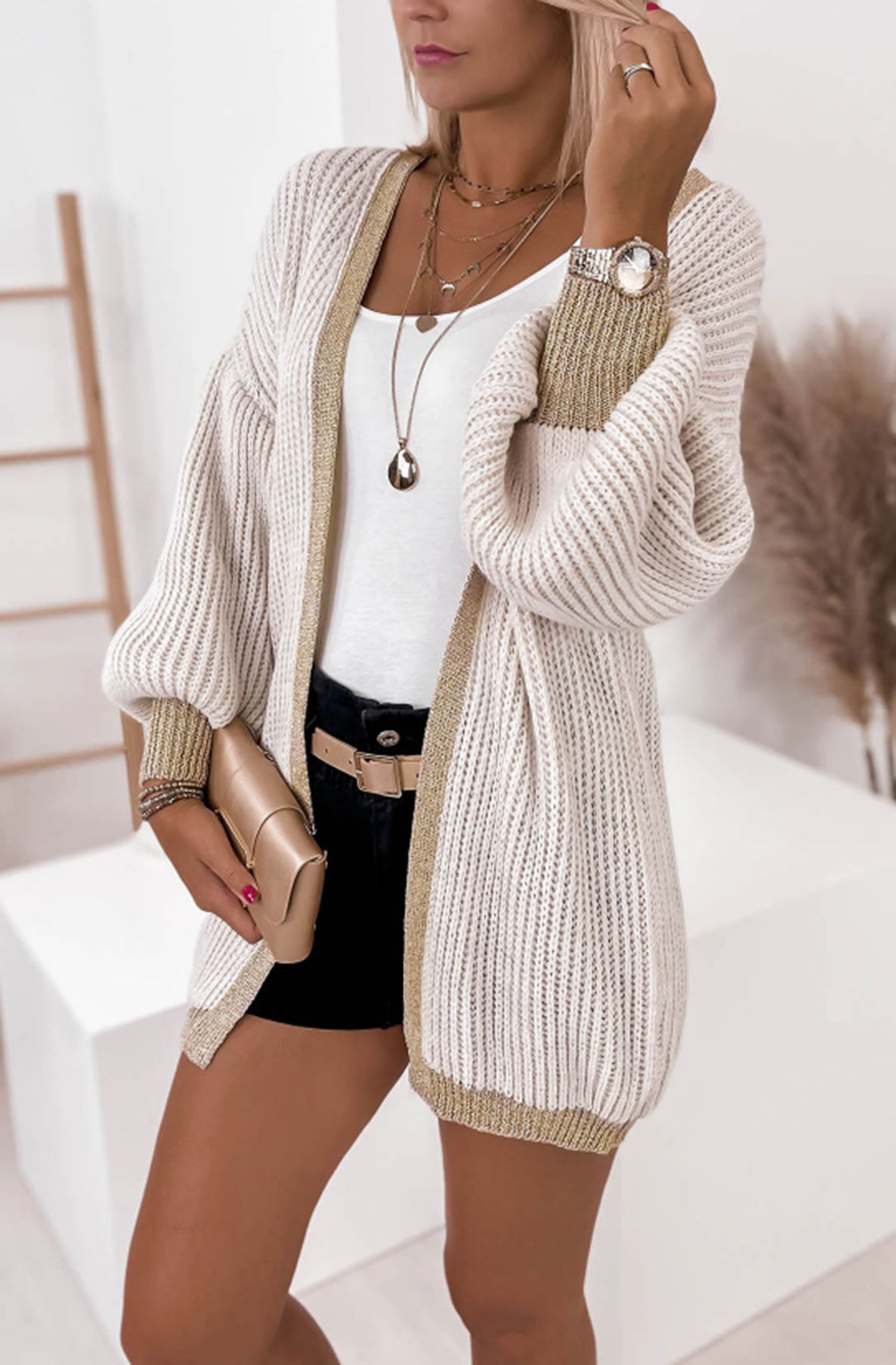 Becca Shimmer Knitted Longline Cardigan-Cream
