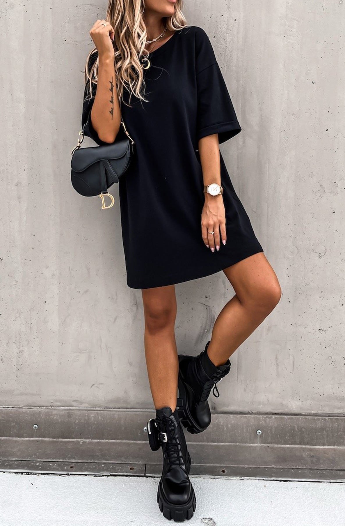 Beckie Oversized Tunic T-Shirt Dress Top-Black