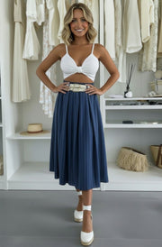 Beline High Waisted Pinstripe Belted A-Line Midaxi Skirt-Dark Blue
