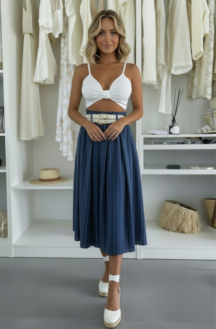 Beline High Waisted Pinstripe Belted A-Line Midaxi Skirt - Dark Blue