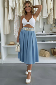 Beline High Waisted Pinstripe Belted A-Line Midaxi Skirt-Light Blue