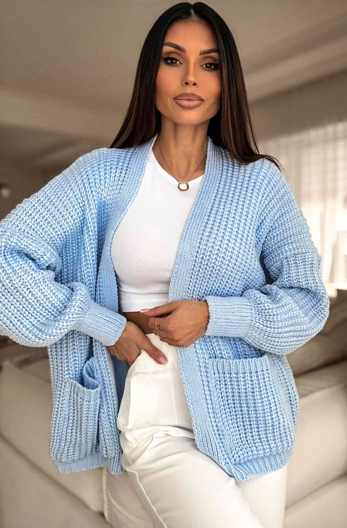 Bella Pocket Detail Knitted Cardigan-Blue