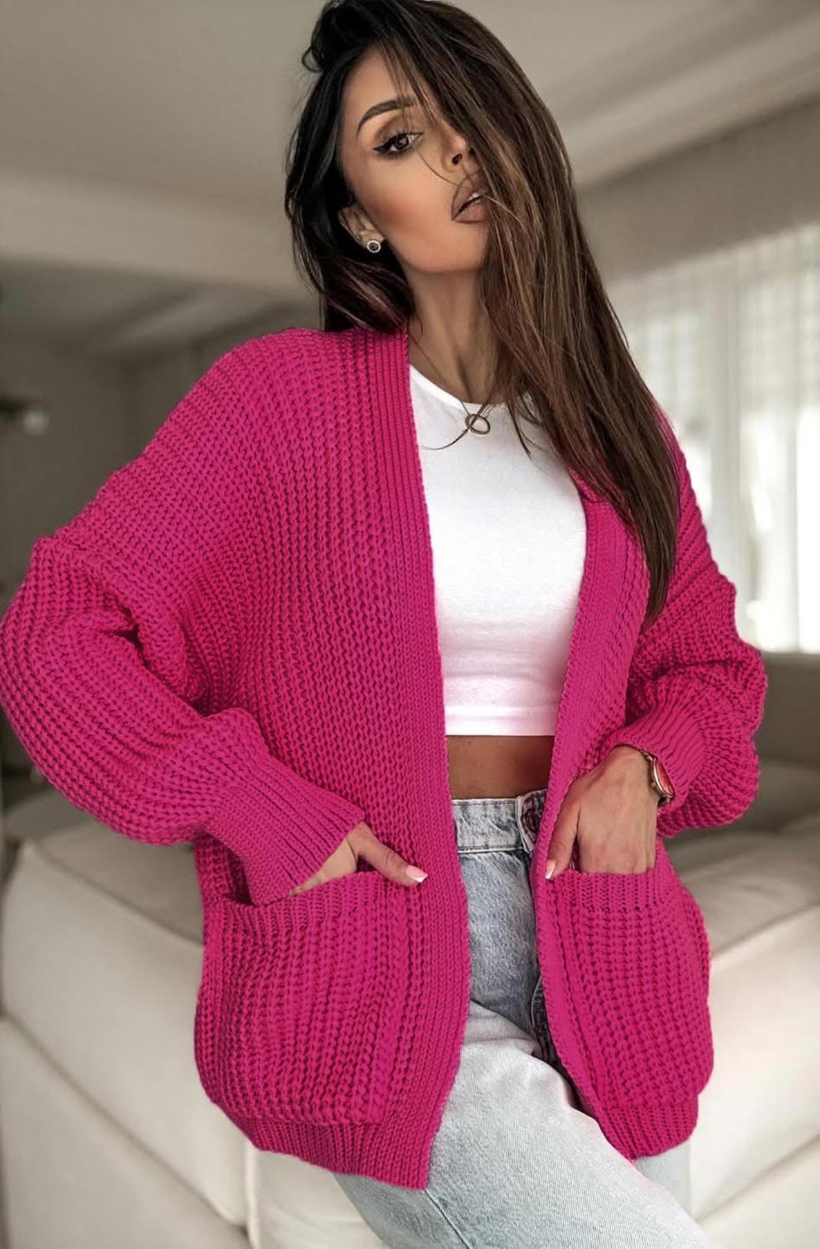 Bella Pocket Detail Knitted Cardigan-Hot Pink