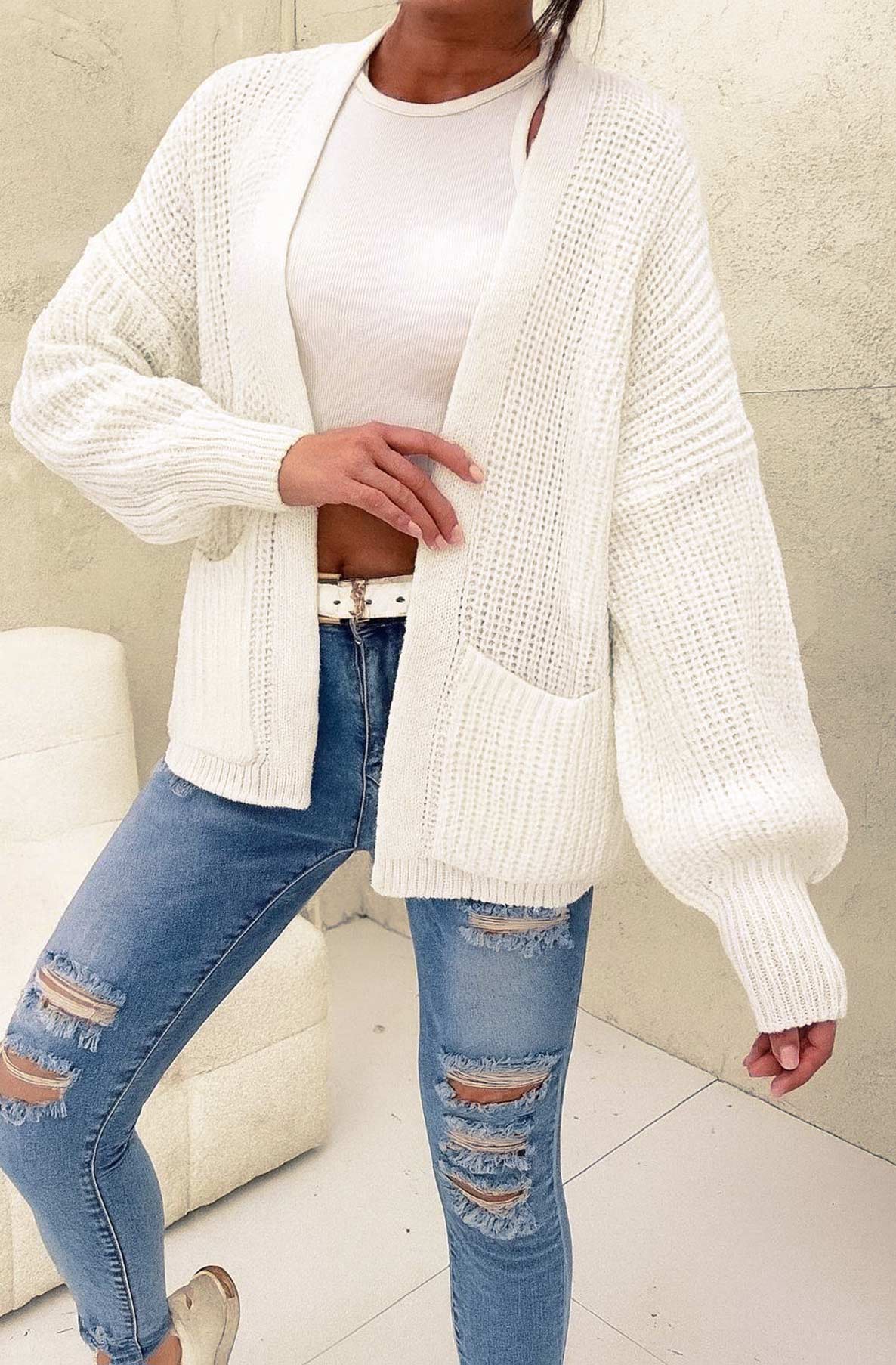 Bella Pocket Detail Knitted Cardigan-Ivory