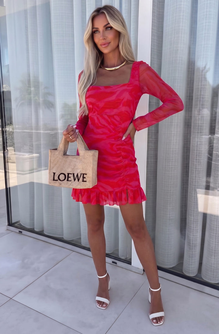 Bella Animal Ruched Sheer Mesh  Long Sleeve Frill Hem Drawstring Mini Dress