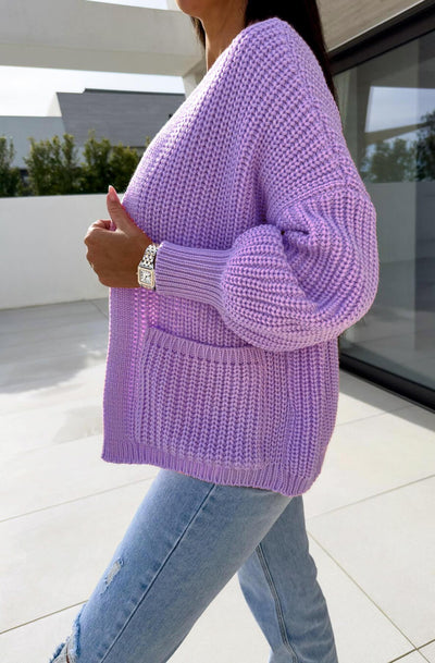Bella Pocket Detail Knitted Cardigan-Purple
