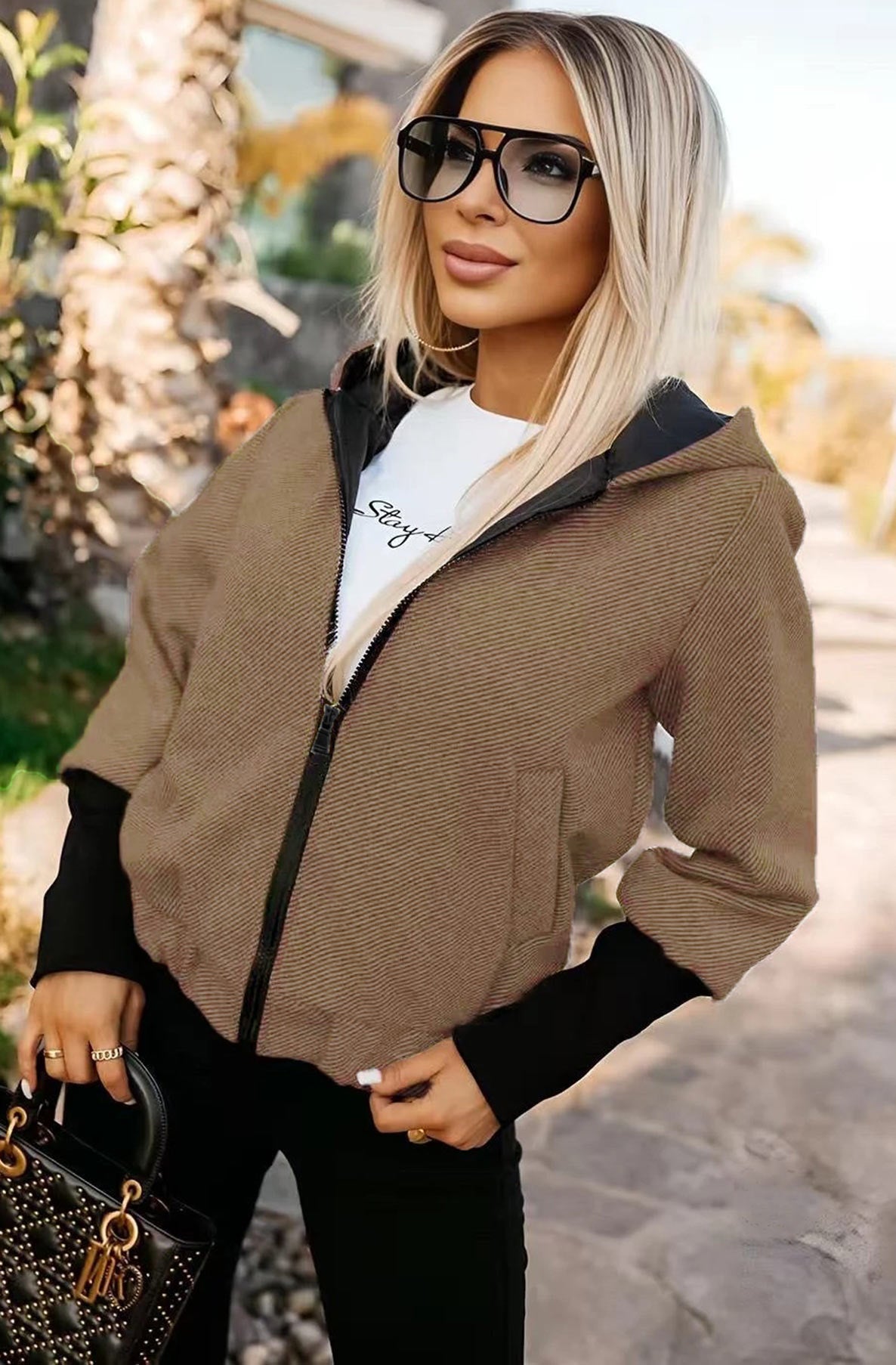 Briana Contrast Hooded Bomber Jacket-Camel