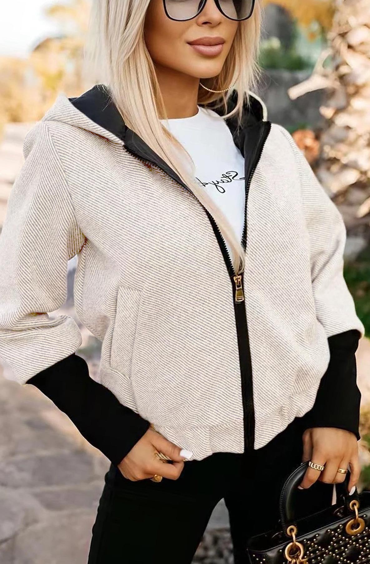 Briana Contrast Hooded Bomber Jacket-Cream
