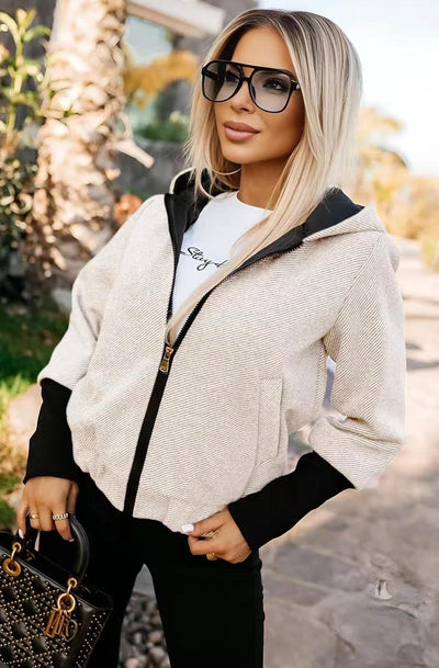 Briana Contrast Hooded Bomber Jacket-Cream