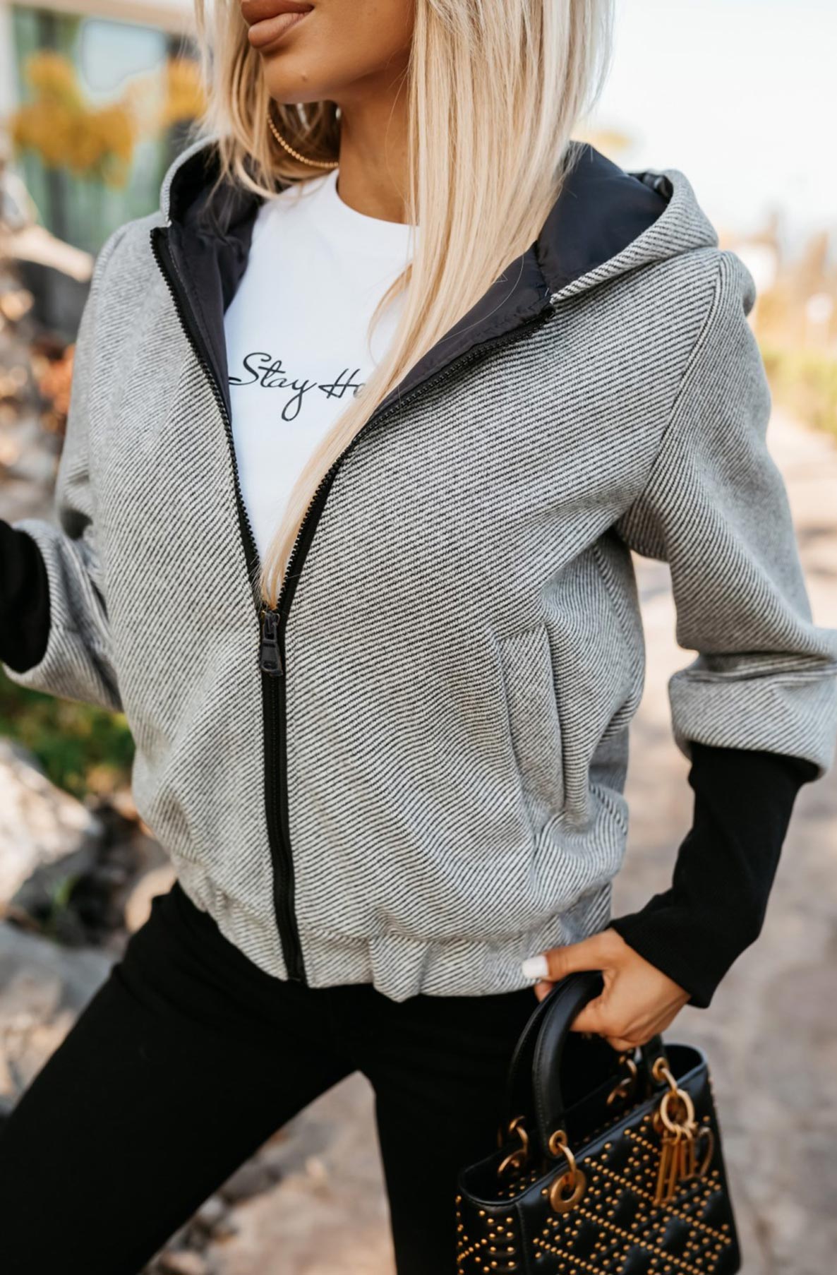 Briana Contrast Hooded Bomber Jacket-Grey