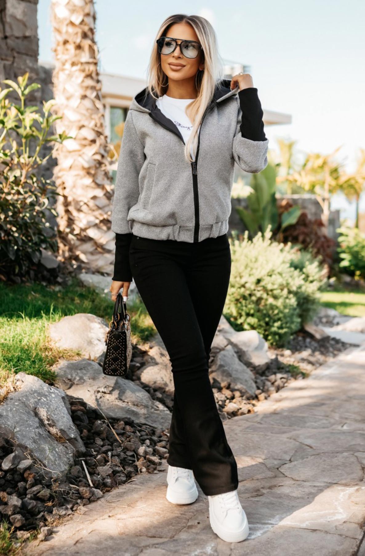 Briana Contrast Hooded Bomber Jacket-Grey