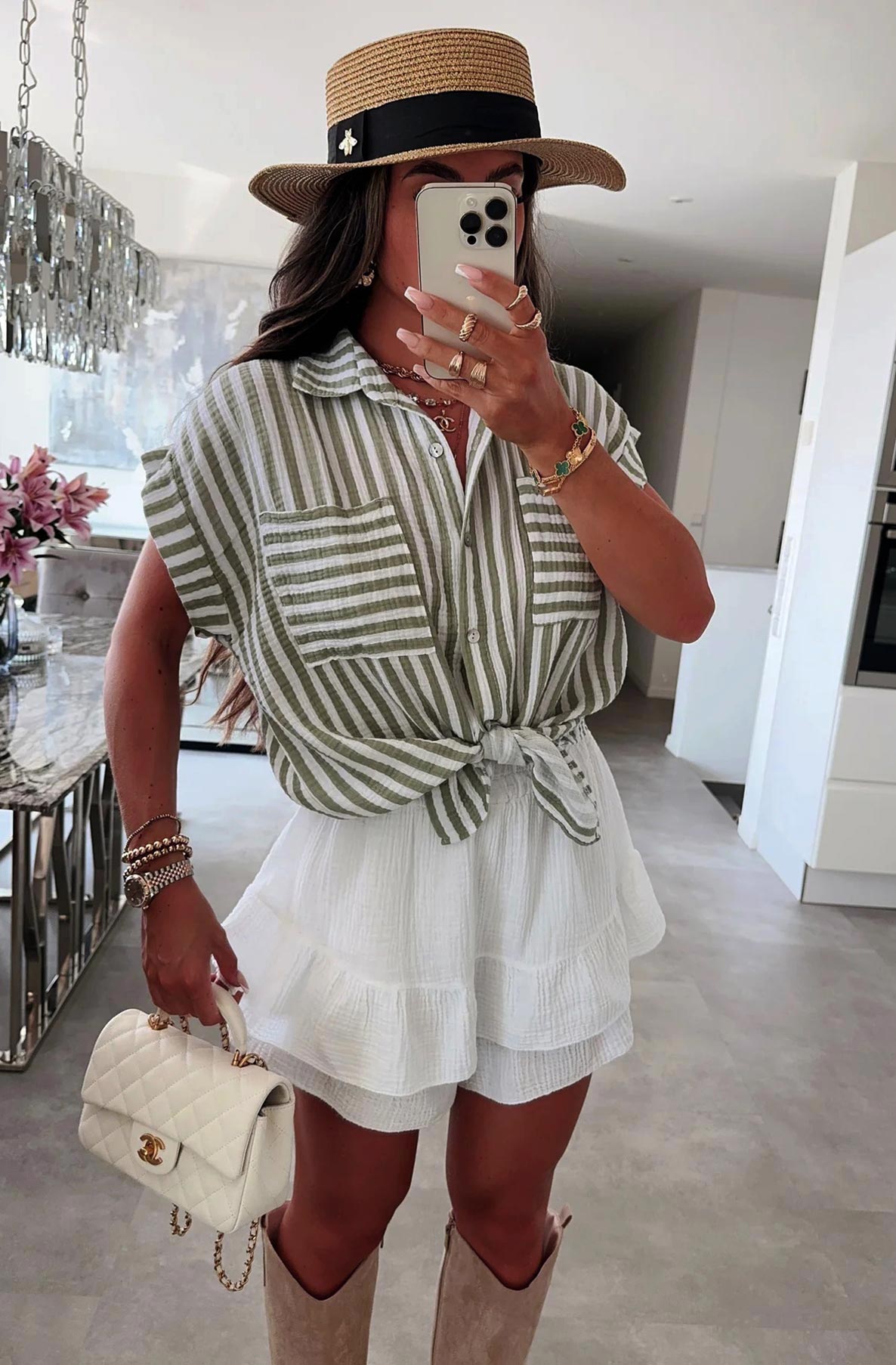 Brina Striped Pocket Detail Cotton Gauze Style Shirt Top-Khaki