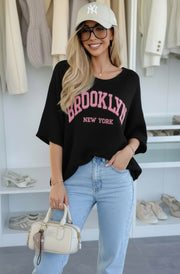‘BROOKLYN NY’ Oversized Lightweight Open-Knit Top-Black