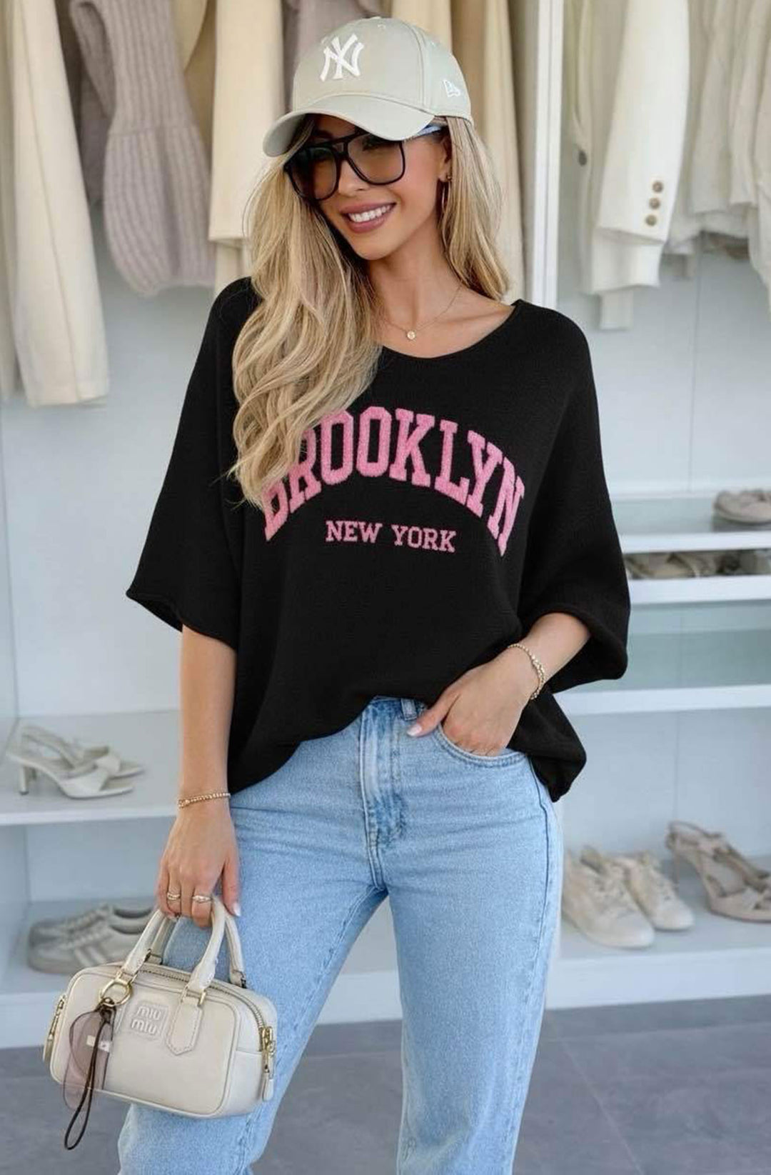 ‘BROOKLYN NY’ Oversized Lightweight Open-Knit Top - Black