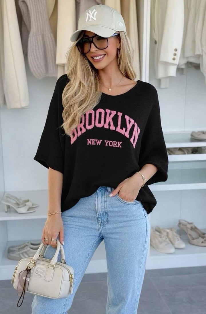 ‘BROOKLYN NY’ Oversized Lightweight Open-Knit Top - Black