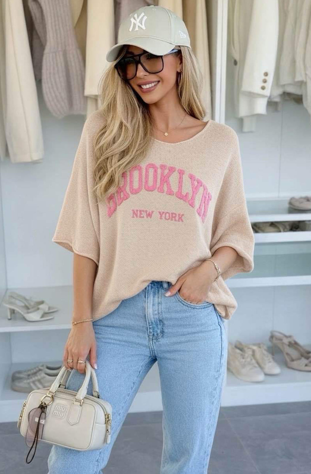 ‘BROOKLYN NY’ Oversized Lightweight Open-Knit Top - Stone