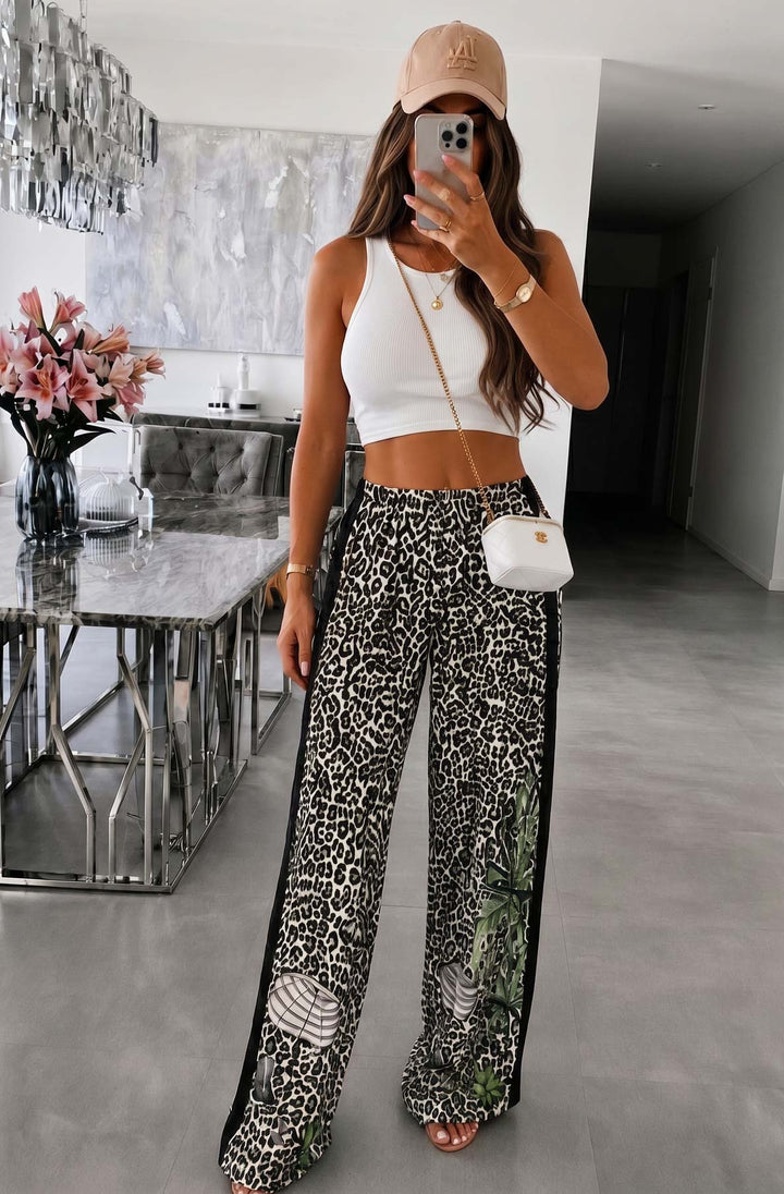 Calista Tropical Leopard Contrast Stripe Wide Leg Trousers