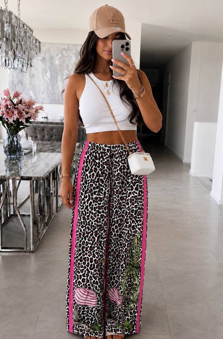 Calista Tropical Leopard Contrast Stripe Wide Leg Trousers