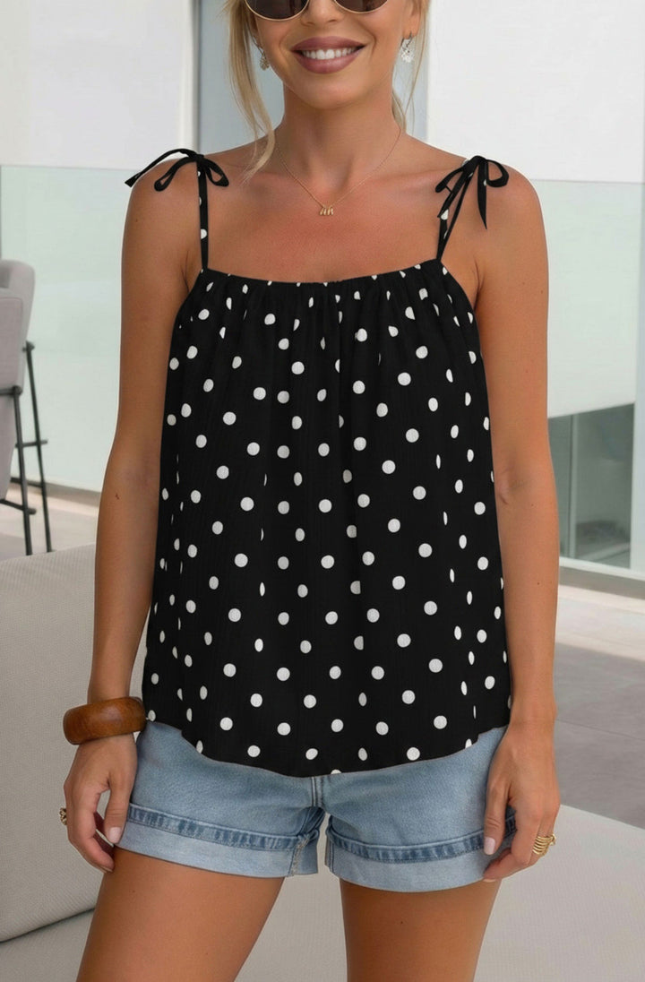 Capri Polka Dot Cotton Gauze Style Tie-Up Strap Top