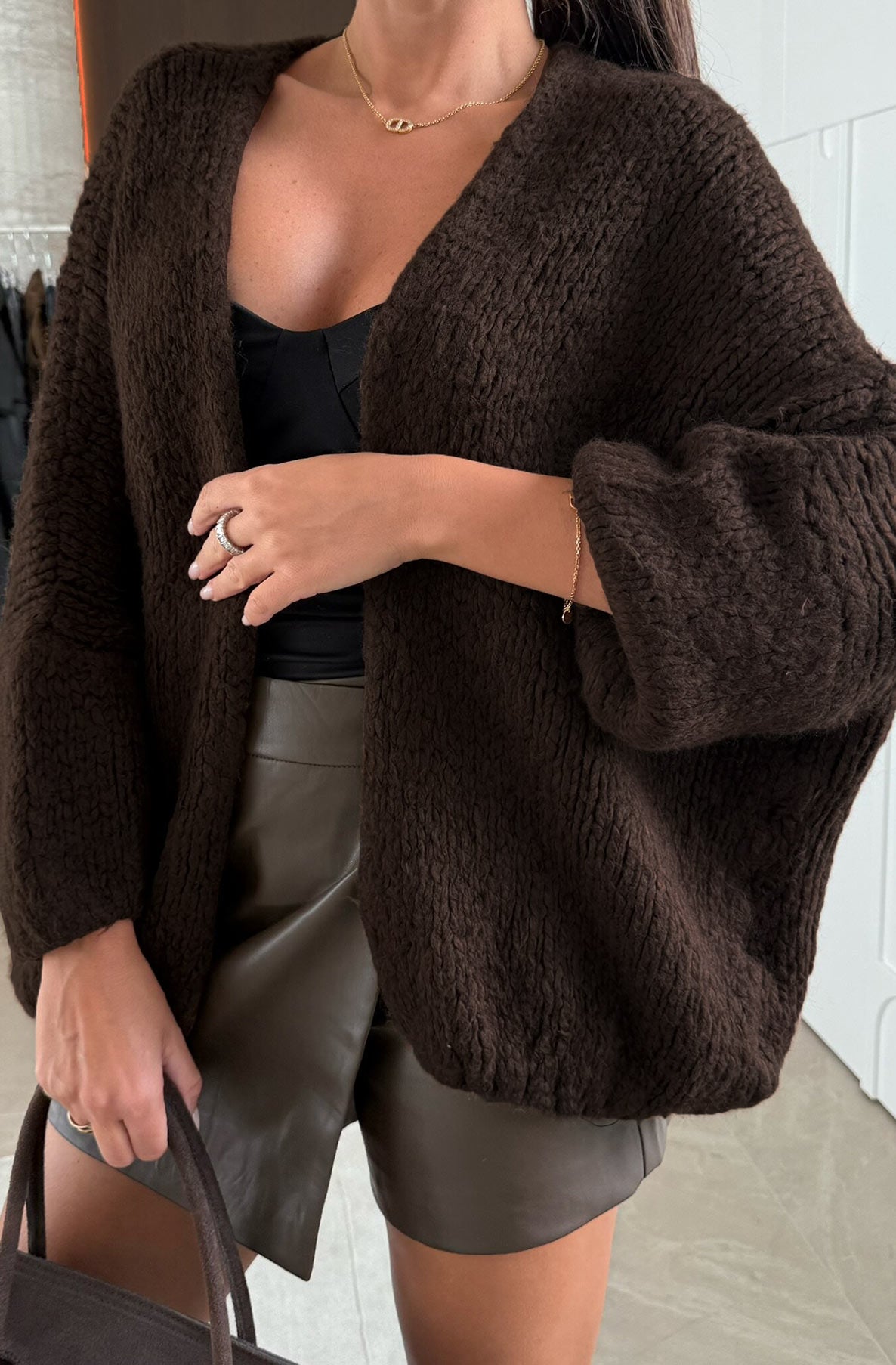 Romy Oversized Knitted Cardigan-Brown