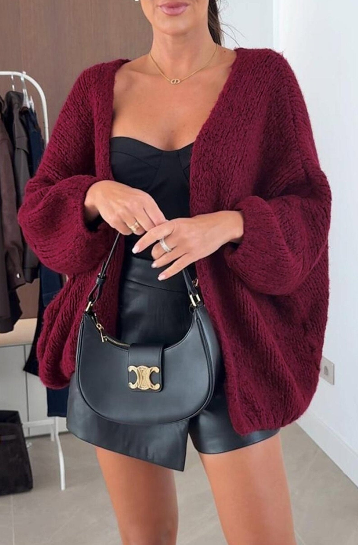 Romy Oversized Knitted Cardigan-Wine