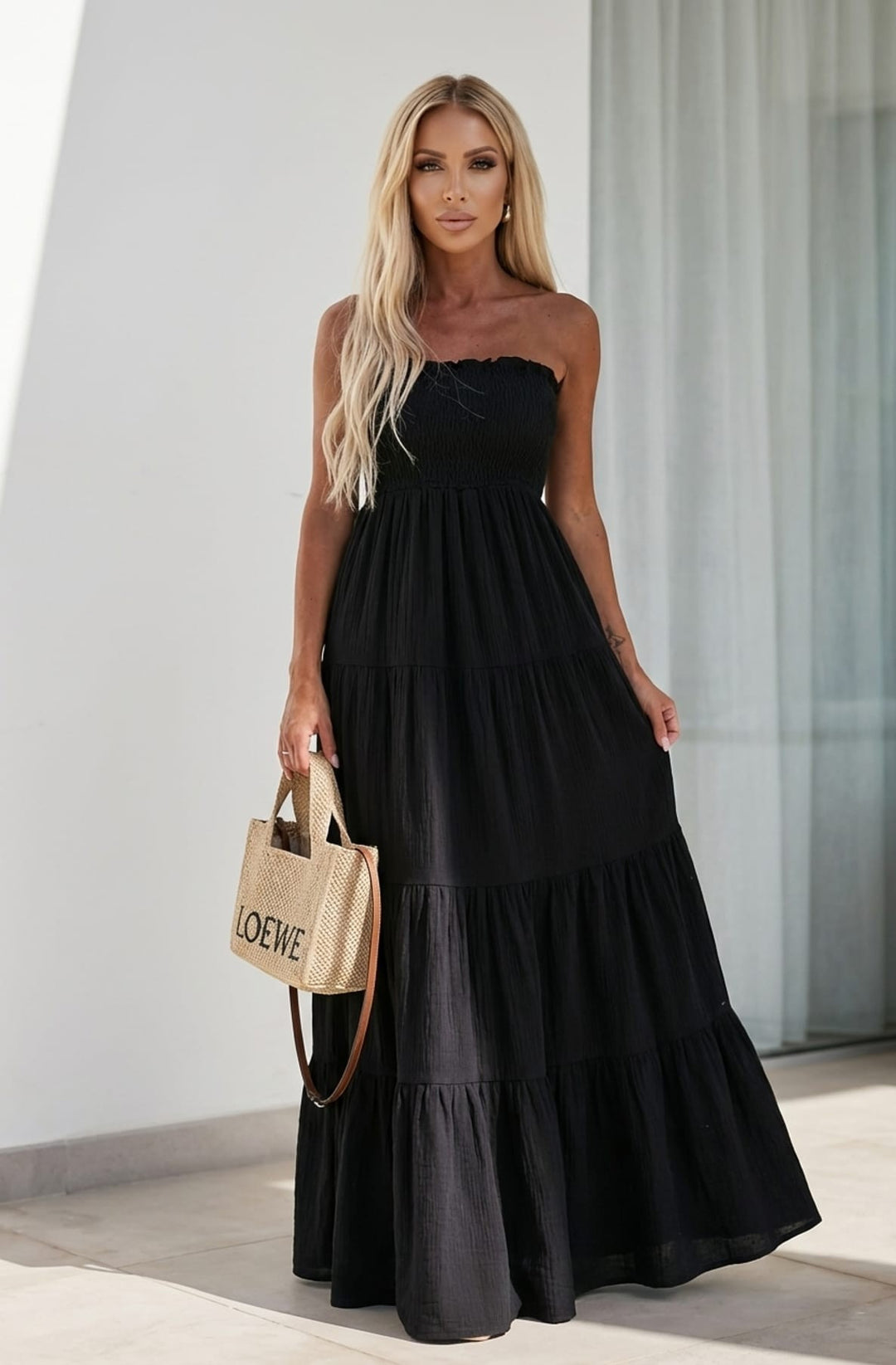 Cassie Shirred Bandeau Tiered Maxi Dress - Black