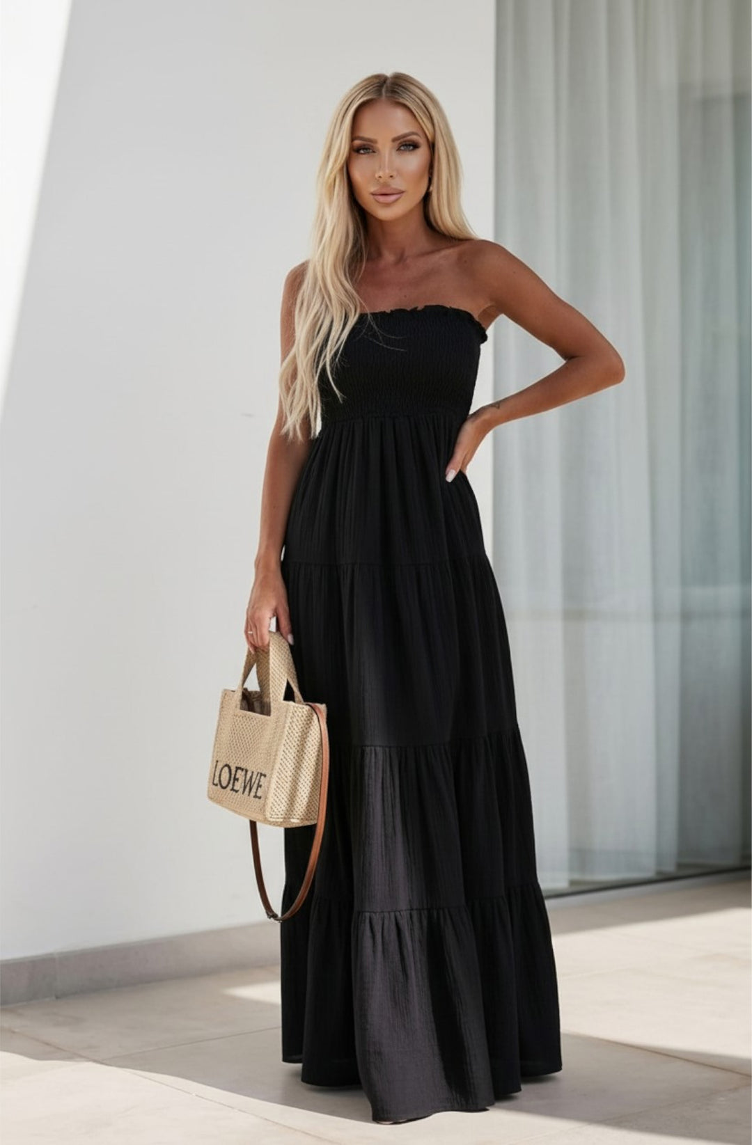 Cassie Shirred Bandeau Tiered Maxi Dress - Black